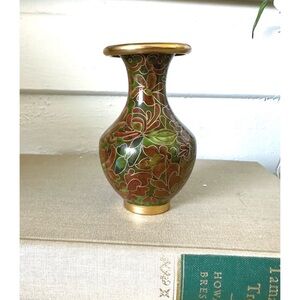 Vintage Chinese Cloisonne Small Vase Red Green Flowers Enameled Brass